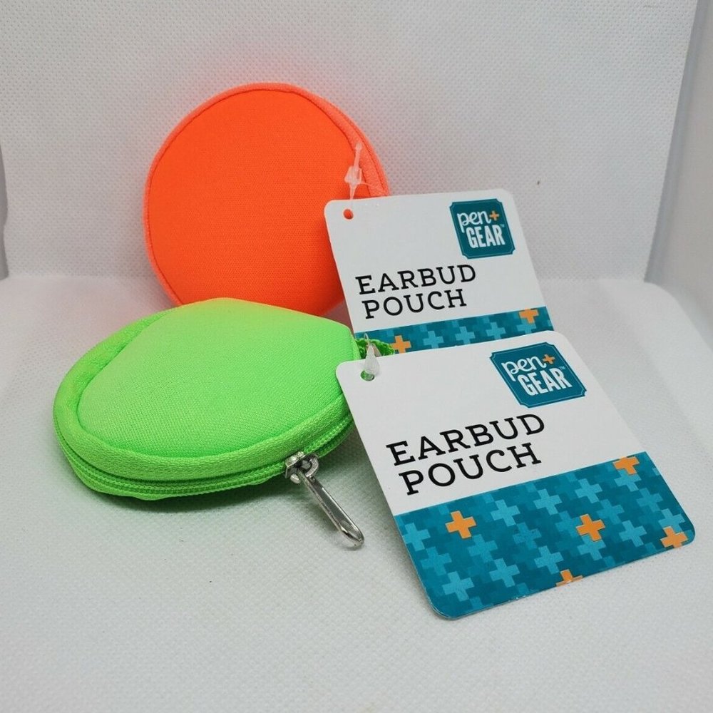 2 Pen+Gear Solid Bright Orange & Lime Green Earbud, Headphones & Keyring Pouch
